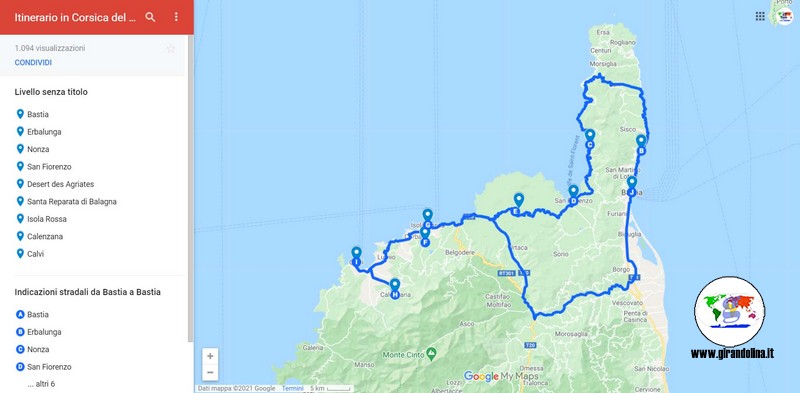 Itinerari  con auto Corsica del Nord, mappa